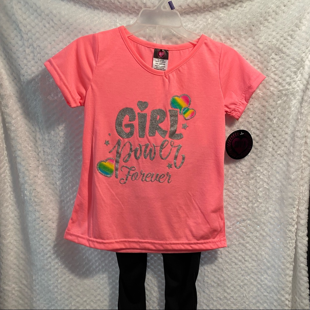 Nwt - “Girls Power” Pink, Black & Glitter Matching Outfitshort Sleeve, Leggings